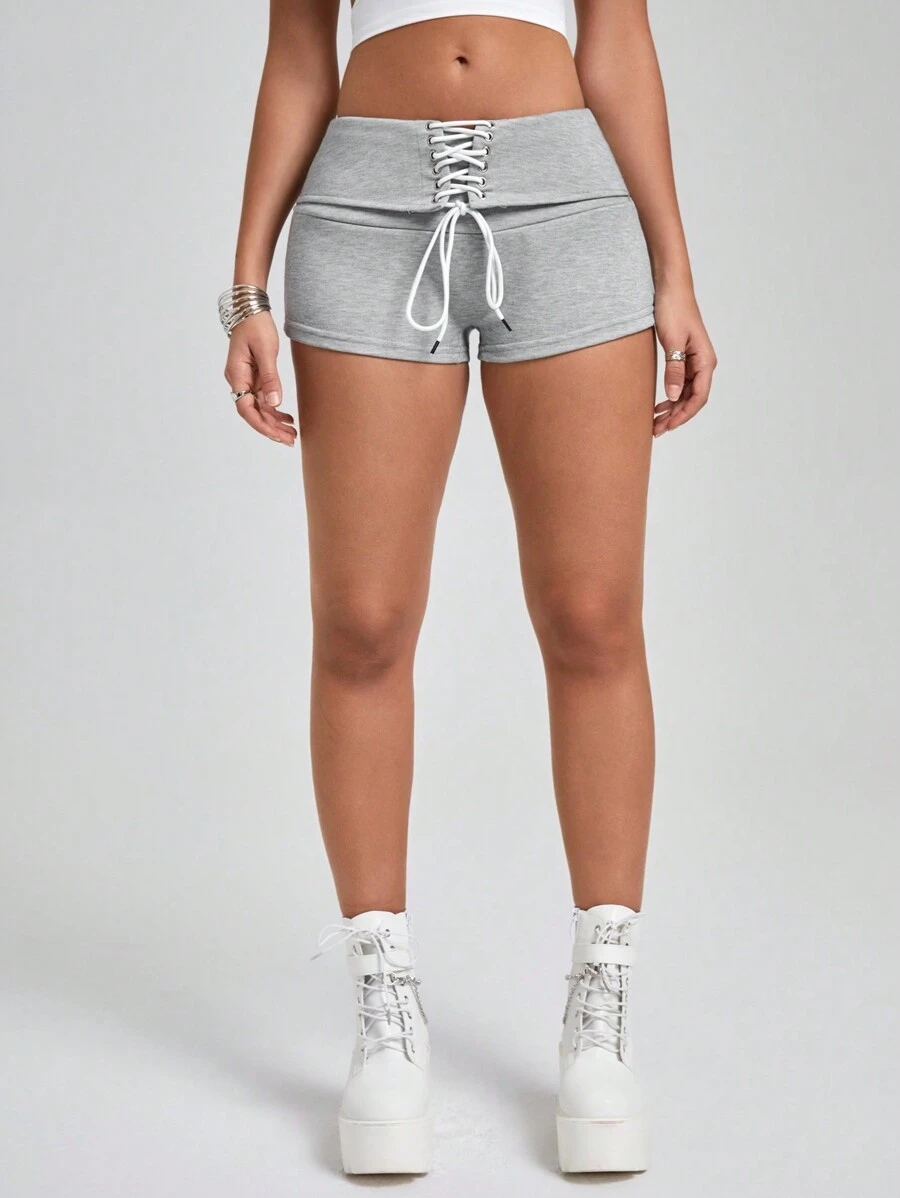 Easithlete Design cu șnur pentru damă, culoare uni, pantaloni scurți sport simpli și casual - Gri - Vizualizare 1