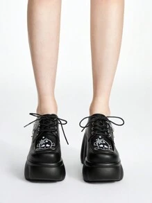 ROMWE Goth Women Skull & Cross Print Chain Decor Platform Thick Sole Loafer Shoes