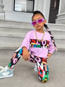 SHEIN Leap Crew Young Girl Letter Graphic Drop Shoulder Pullover & Leggings - Lilac Purple - View 1