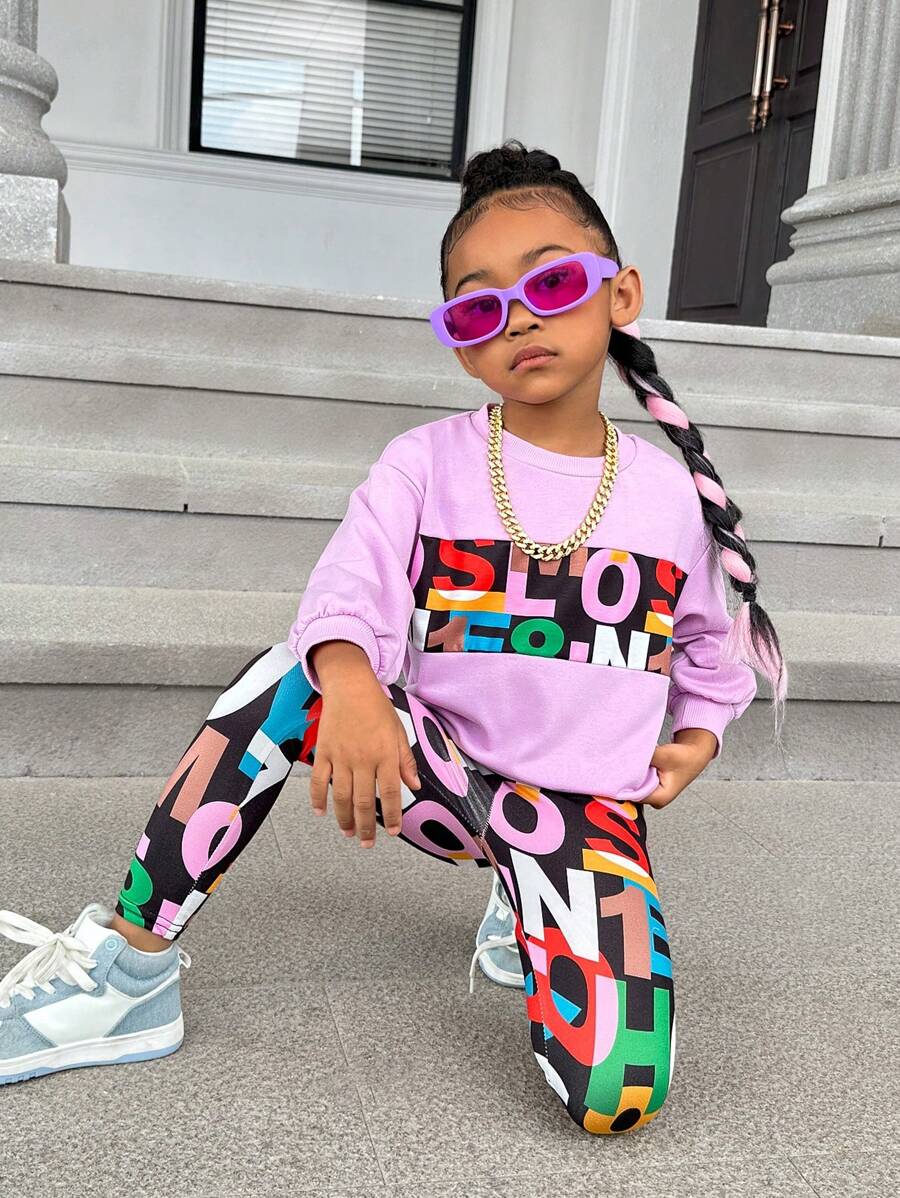 SHEIN Leap Crew Young Girl Letter Graphic Drop Shoulder Pullover & Leggings - Lilac Purple - View 1