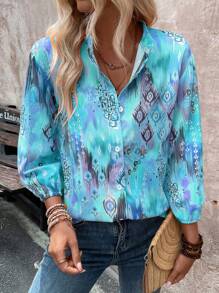EMERY ROSE 女士节日几何印花灯笼袖宽松衬衫随机印花 - 彩色 - 查看 1