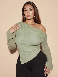 SHEIN BAE Off-Shoulder Brown Mesh Plus Size Long-Sleeved T-Shirt - Mint Green - View 1