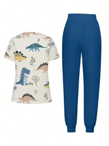 Conjunto uniforme de Top tipo pijama con cuello en V y pantalones con estampado de dinosaurios de dibujos animados - Multicolor - Ver 2