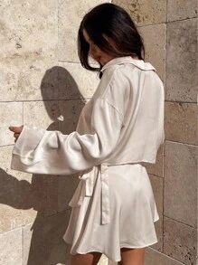SHEIN Essnce 2pcs Women Daily Wear Solid Color Single-Breasted Long Sleeve Top And Skirt Set - Apricot - View 2