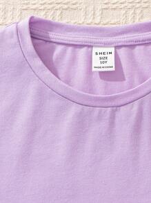 SHEIN Leap Crew 2 件套 Tween 女童休闲简约趣味字母印花短袖 T 恤和短裤两件套服装，适合夏季，衣服背面