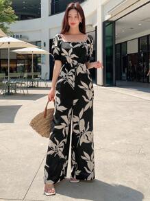 DAZY 女士碎花露肩连体裤，休闲宽松裤装，女士度假套装 - 黑色 - 查看 4