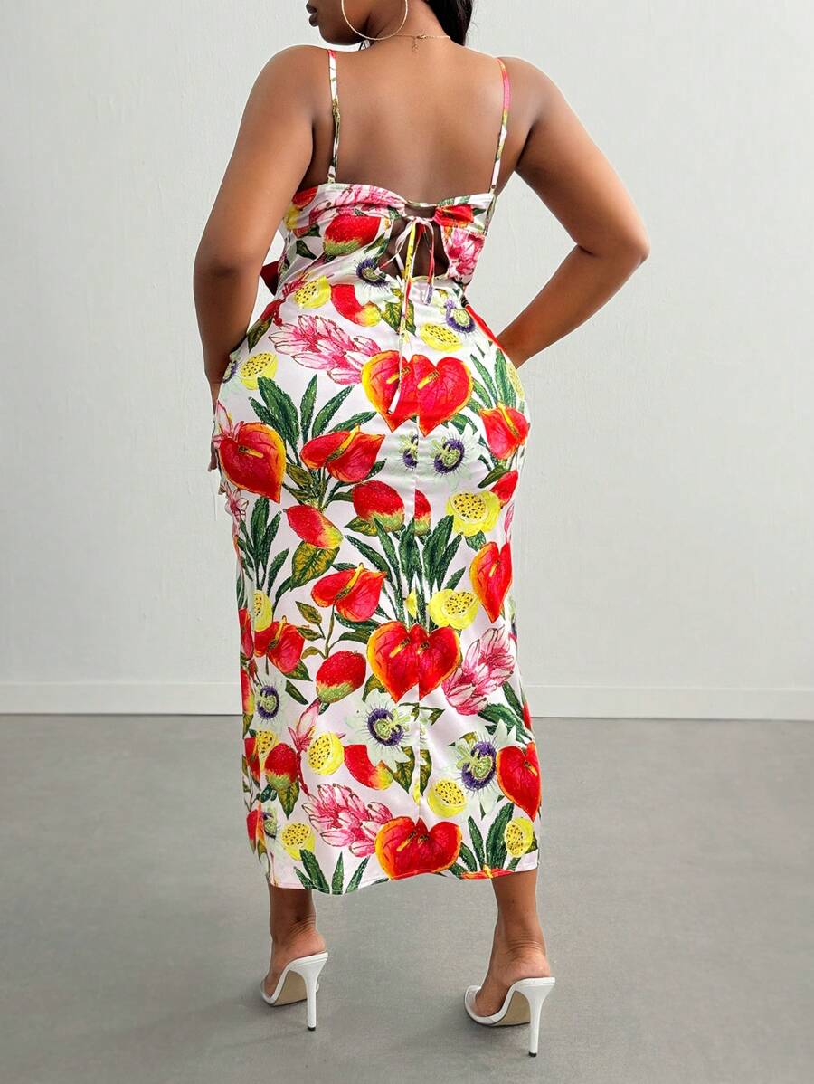 Flora Carnival Plus Size Designer Floral Printed High Split Dress With