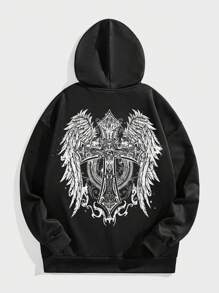 Manfinity EMRG Men's Black Street-Style Vintage White Gothic Angel Wings Combined With Cross Broken Distressed Graphic Pattern Loose Off-Shoulder Hooded Sweatshirt, Long Sleeve Urban Hoodie - Black - View 2