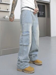 Manfinity Roughcore 大码男士休闲直筒工装牛仔裤，带口袋，纯色长款破洞宽松工装浅蓝色工装牛仔裤，适合送给老公、男朋友的礼物 - 淺藍色 - 查看 5