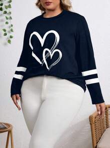 SHEIN LUNE Women's Plus Size Heart & Stripe Pattern Printed Drop Shoulder T-Shirt Graphic Tees Women Tops - Royal Blue - View 6