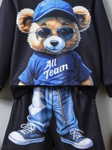 2pcs Young Boys Cute Bear Print Pullover Hoodie And Shorts Set, For School, Outdoor, Holiday, Casual Wear, Spring & Fall - Black - View 4
