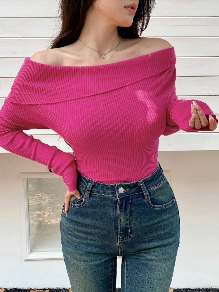 1pc Off-Shoulder Fitted Knit Sweater,Long Sleeve Tops Fall
