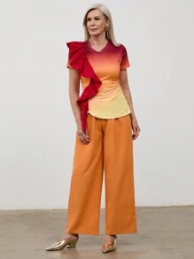 SHEIN LUNE Ensemble deux-pièces femme, T-shirt à col V à volants dégradé et pantalon, manches courtes, été - Multicolore - Voir 10