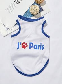 PETSIN 1 件宠物狗/猫背心，舒适透气，深蓝色和白色，带巴黎足迹和字母印花，夏季凉爽背心 - 彩色 - 查看 1