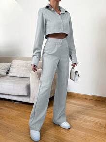 SHEIN Cottnline Striped Print Crop Blouse & Pants - Grey - View 4