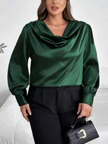 SHEIN Privé Camicia a maniche lunghe in raso con collo ampio, per donne taglie forti - Verde Scuro - Visualizzare 5