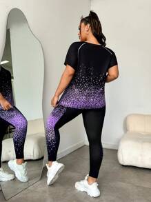 SHEIN Rhythm Era Plus Size Women's Shiny Printed Crew Neck Short Sleeve T-Shirt And Pants Sports Suit, Summer Workout Women Sets - Multicolor - View 2