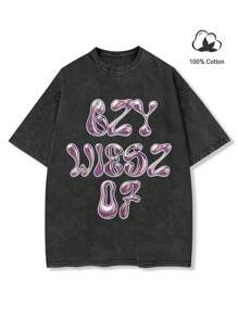 Manfinity Roghcode Men's Short Sleeve Crew Neck T-Shirt With Letter Print, Casual Summer Style. - Black - View 2