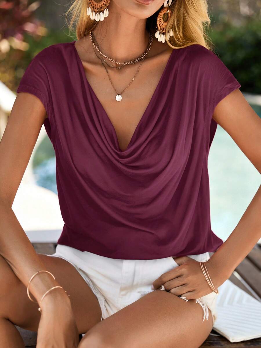 SHEIN Clasi Women Simple Solid Color Draped Neck Short Sleeve T-Shirt - Maroon - View 1
