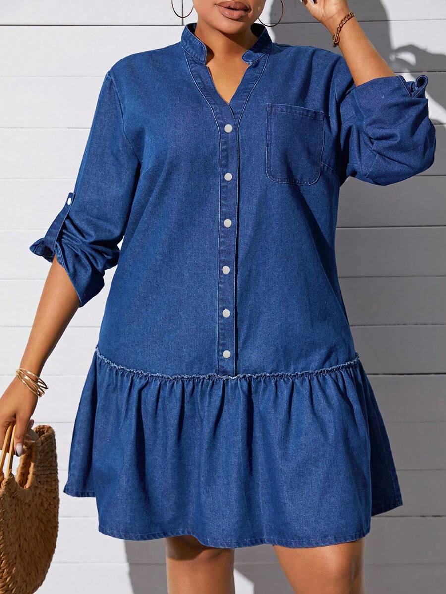 SHEIN CURVE+ Plus Size Denim Non-Stretch Sexy Fashion Dress - Blue - View 1
