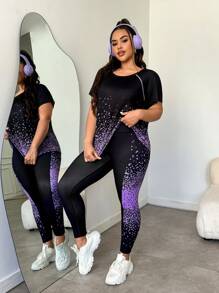 SHEIN Rhythm Era Plus Size Women's Shiny Printed Crew Neck Short Sleeve T-Shirt And Pants Sports Suit, Summer Workout Women Sets - Multicolor - View 3