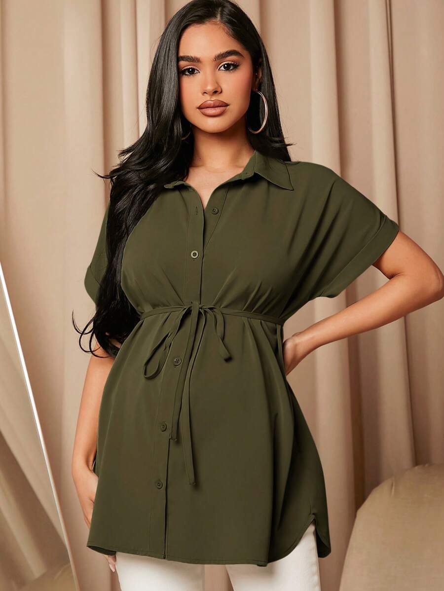 MaterniWear 孕婦蝙蝠袖腰帶襯衫 - 軍綠色 - 查看 1