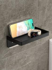 Black Toilet Paper Holder With Shelf And Phone Holder - Wall Mounted With Self-Adhesive Or Screw Mount Installation, Includes Roll Dispenser And Storage Function