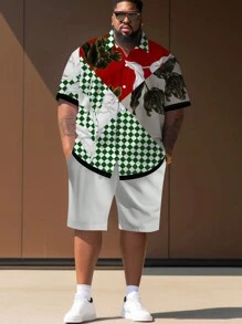 Manfinity Dauomo Camisa masculina plus size com estampa floral e xadrez de manga curta - Multicolorido - Ver 1