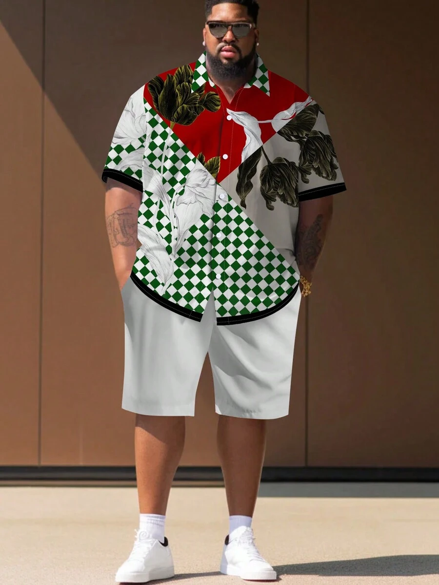 Manfinity Dauomo Camisa masculina plus size com estampa floral e xadrez de manga curta - Multicolorido - Ver 1