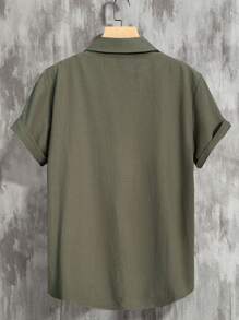 VENTUSAIL Men's Stand Collar Short Sleeve Button Front Pocket Casual Shirt - Army Green - View 2