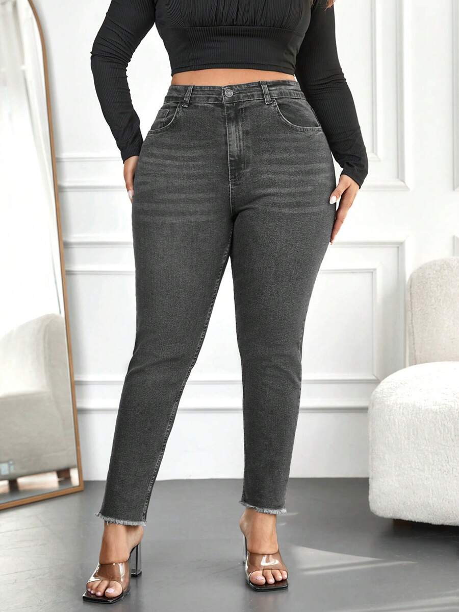 RueChic Plus Size Slim Fit Denim Pants - Dark Grey - View 1