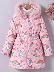 Tween Girls' Fluffy Hooded Zip-Up Allover Print Cute & Fashionable Jacket - Pink - View 3