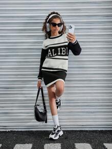 SHEIN Explorewe 青少年女孩时尚简约街头风格圆领毛衣和裙子两件套 - 黑與白 - 查看 3