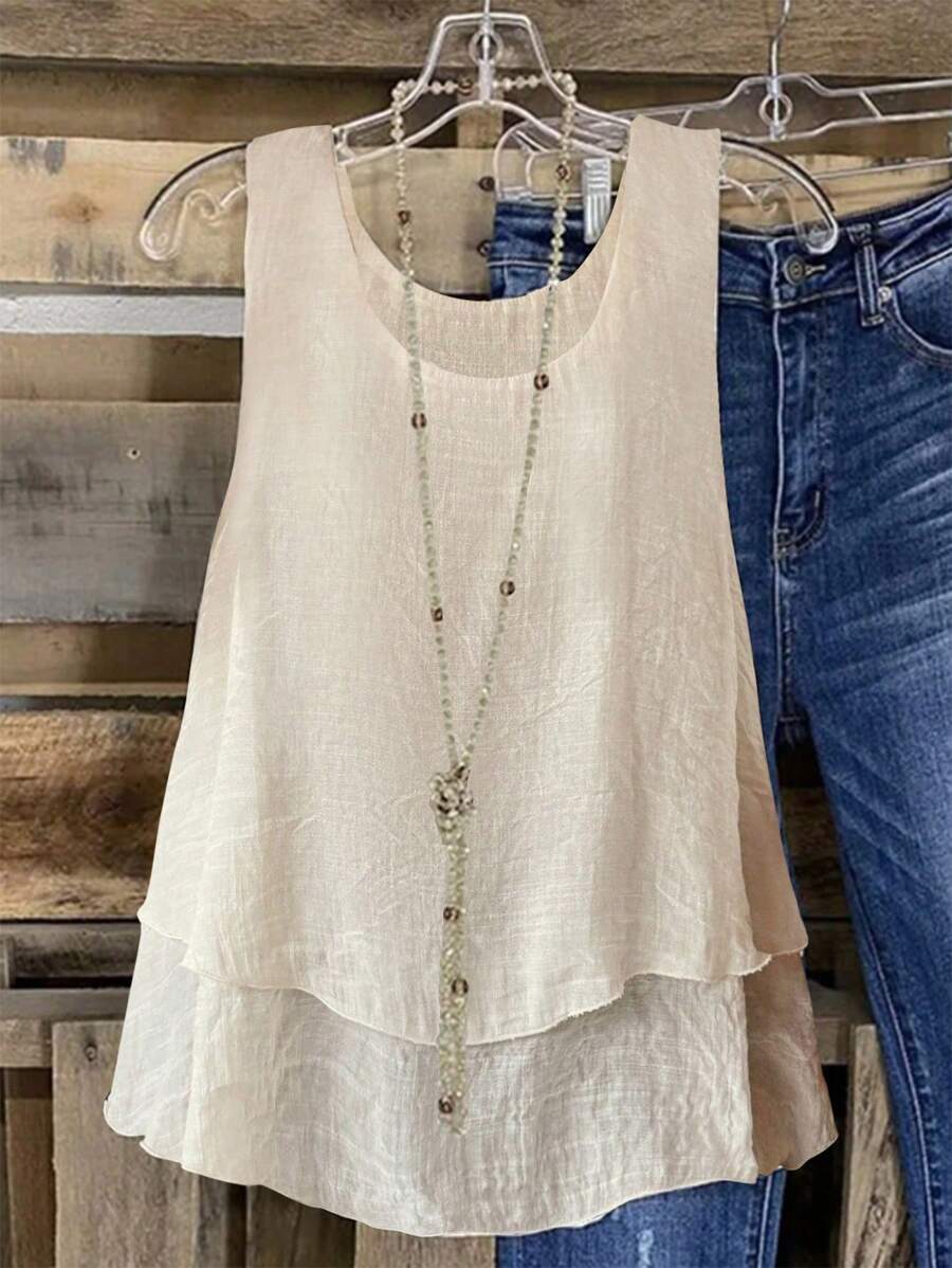 Franclia Women Fashionable Summer Vacation Loose Fit Tank Top - Apricot - View 1