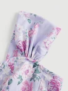 SHEIN MOD Plus Size Blue Floral Print Off Shoulder Ruched High Slit Dress For Holiday/Party - Violet Purple - View 4