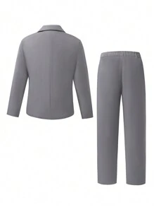 SHEIN 2 件套青少年男孩绅士装，撞色领西装外套 + 长裤，优雅正式礼服，适合生日、婚礼、毕业典礼、圣诞节、万圣节 - 灰色 - 查看 2