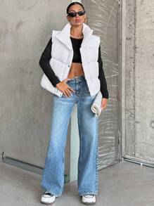 EURMUSE Short Vest With Two Pockets, Sleeves Puffer Jacket With Zip - White - View 9