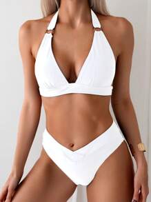 SHEIN Swim Women's Solid Color Halter Neck Fashion Bikini Set, For Summer Beach Vacation - White - View 4