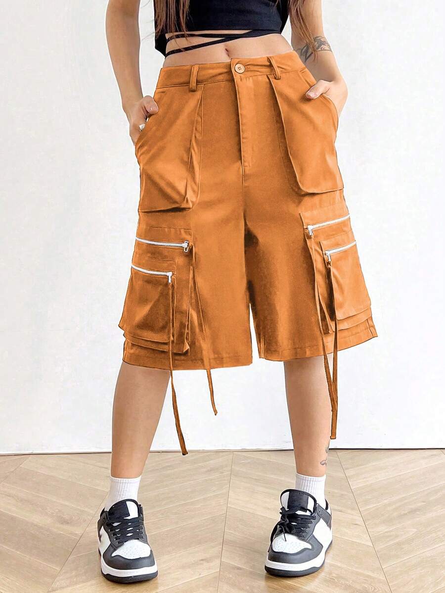 SHEIN Unity Women's Solid Color Zipper Loose Multi-Pocket Cargo Shorts - Rust Brown - View 1