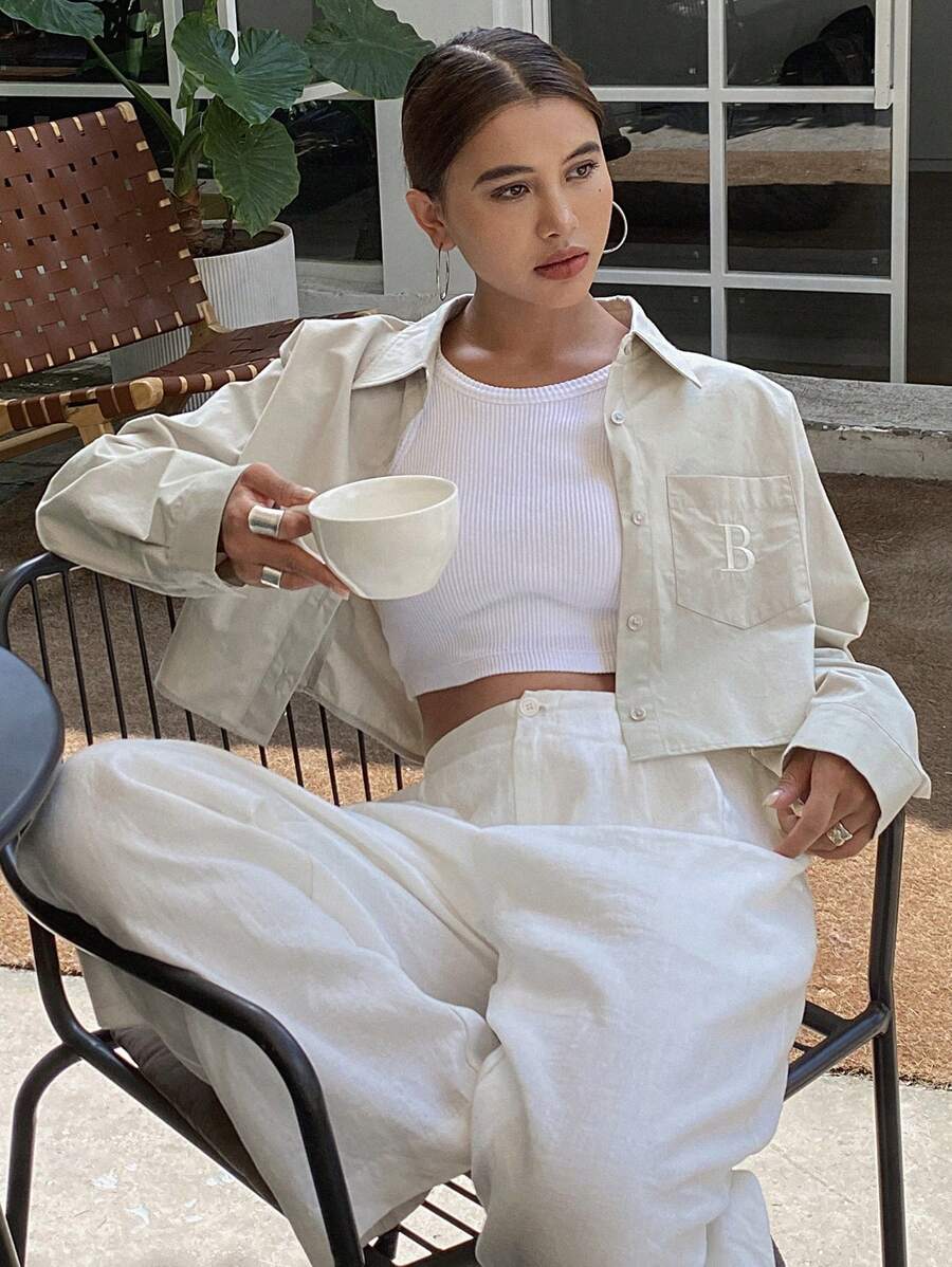 DAZY Letter Embroidered Crop Collared Long Sleeve Women's Shirt,Fall Clothes - Apricot - View 1