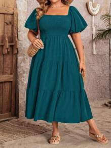SHEIN Clasi Plus Size Women Solid Color Square Neck Ruffle Hem Short Sleeve Casual Dress Maxi Women Outfit - Teal Blue - View 3