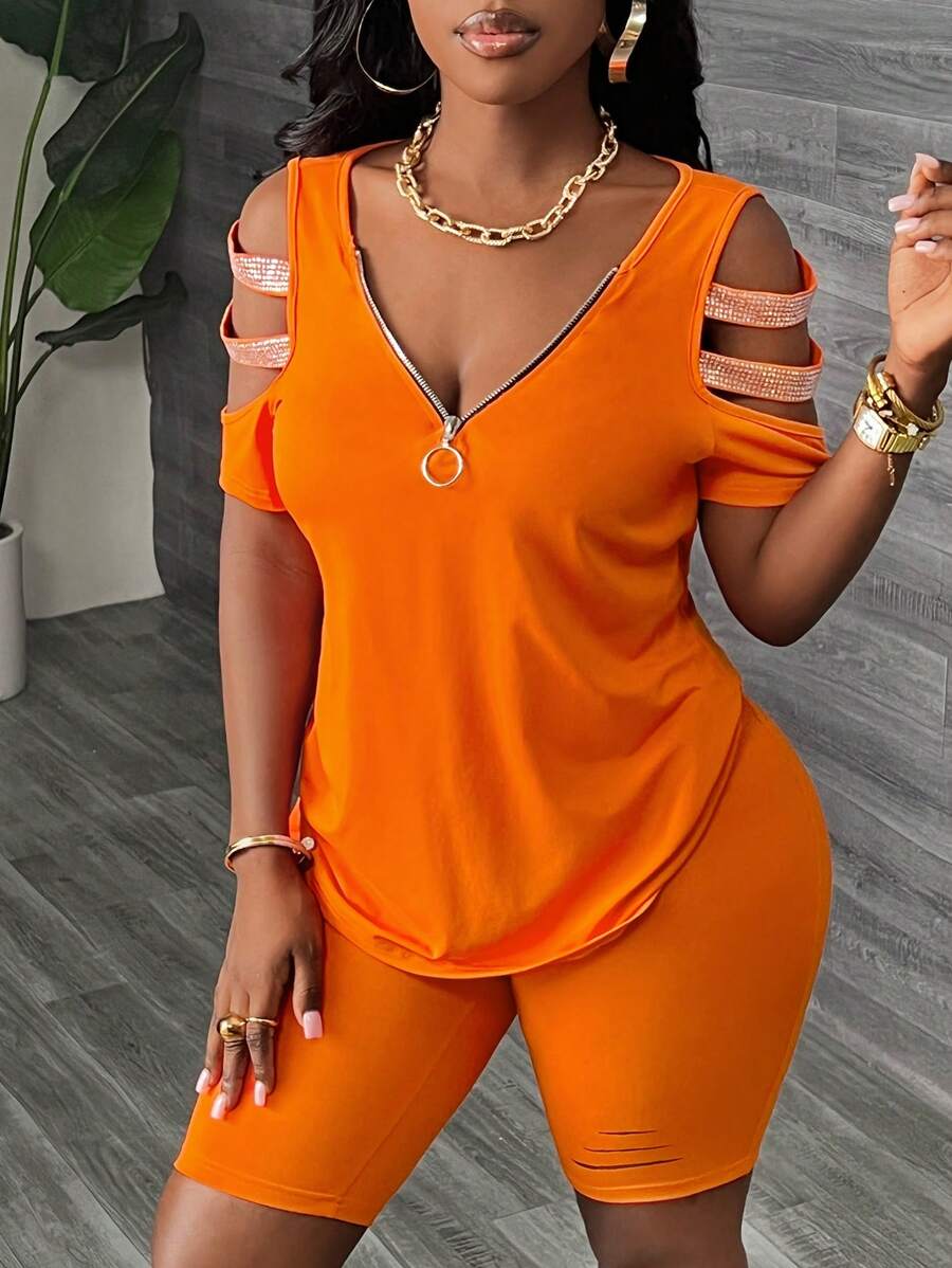 Slaydiva 2 件套女士休闲宽松 V 领露肩上衣和修身短裤套装 - 橘色 - 查看 1