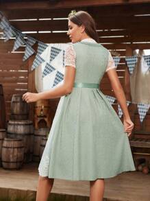 SHEIN Unity Women Keyhole Neckline Short Sleeves Contrast Net Design Waist Bow Tie Sweet Dress - Green - View 2