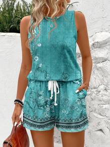 EMERY ROSE 2pcs Women's Round Neck All-Over Print Sleeveless Top And Drawstring Pocket Summer Fitted Set - Mint Blue - View 1