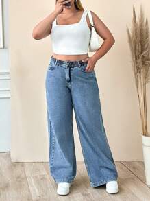 SHEIN Cottnline Plus Size High Waist Elastic Waist Wide Leg Jeans - Medium Wash - View 5