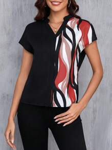 SHEIN Clasi 女士拼色缺口领短袖衬衫、短袖上衣 - 紅色 - 查看 3