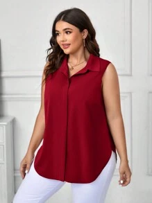 SHEIN Clasi Blouse sans manches minimaliste et unie pour femmes grande taille - Rouge foncé - Voir 4