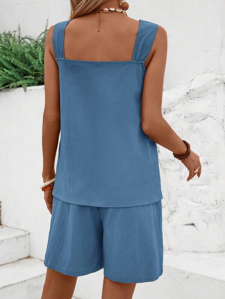 Women's Summer Solid Color Round Ring Shoulder Strap Top And Shorts Set