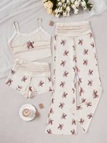 Dream Adore 3-delige damespyjamaset met berenprint - hemdje met kanten rand, spaghettibandjes, geplooide shorts en casual broek met rechte pijpen