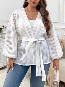 SHEIN Privé Plus Size Elegant Casual V-Neck Self Tie Waist Jacquard Textured Solid Color Jacket
